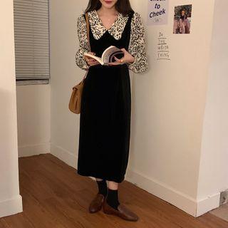 Mock Two-piece Long-sleeve Midi A-line Dress As Shown In Figure - One Size