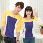 Long-sleeve Color-block Couple Matching T-shirt