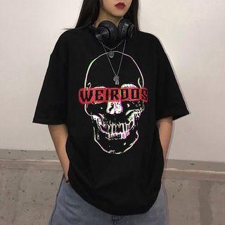 Elbow-sleeve Skull Printed T-shirt