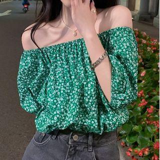 Balloon-sleeve Off-shoulder Floral Print Blouse