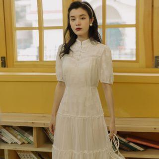 Mandarin Collar Frog-button Short-sleeve Midi A-line Dress