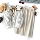 Ruffled Blouse / Midi A-line Skirt