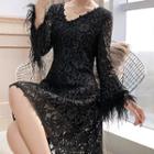 Fringe Bell-sleeve A-line Lace Dress