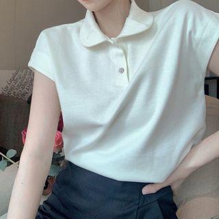 Short-sleeve Polo Collar Plain Top Beige - One Size