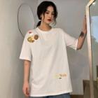 Elbow-sleeve Printed Letter Embroidered T-shirt
