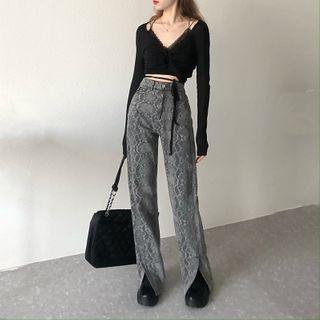 High-waist Split Printed Jeans