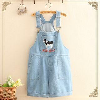 Embroidered Denim Jumper Shorts As Shown In Figure - One Size