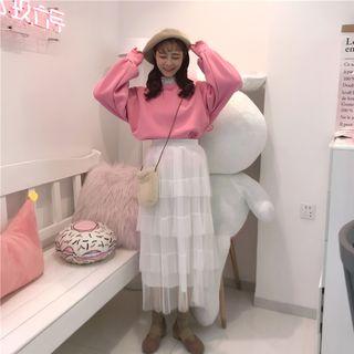 Set: Lantern-sleeve Pullover + Mesh Midi Skirt