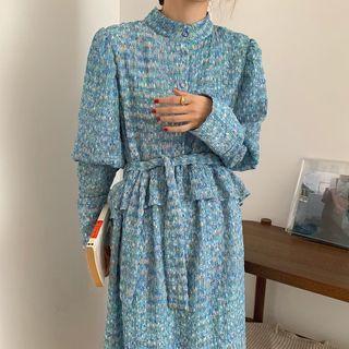 Floral Pleated A-line Dress Blue - One Size