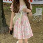 Short-sleeve Floral A-line Dress Floral - Pink - One Size