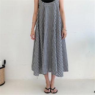 Flared Long Gingham Pinafore Dress Black - One Size