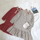 Floral Printed Ribbon Lace-up Long-sleeve Dress