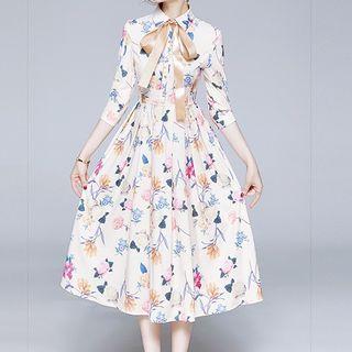 Flower Printed 3/4-sleeve Midi A-line Dress