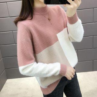 Mock-neck Color-panel Furry Sweater