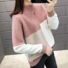 Mock-neck Color-panel Furry Sweater