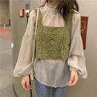 Plain Puff-sleeve Chiffon Blouse / Crochet Knit Sleeveless Top