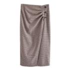 Plaid Button-up Slit Midi Pencil Skirt