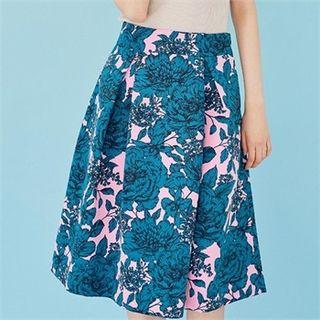 Zip-side Floral-pattern A-line Skirt