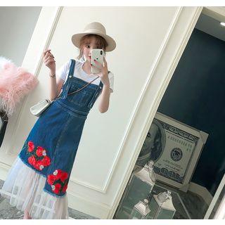Flower Embroidered Mesh Hem Dungaree Dress