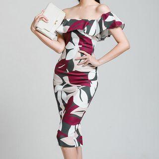 Off-shoulder Leaf Print Bodycon Dress
