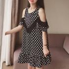 Dotted Cut Out Shoulder Elbow Sleeve Dress