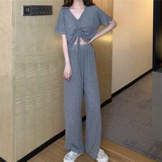 Short-sleeve Drawstring T-shirt / Wide-leg Plain Pants