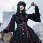 Set: Long-sleeve Midi A-line Dress + Hat + Belt