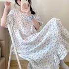 Short-sleeve Floral Print Sleep Dress Light Blue Floral - White - One Size