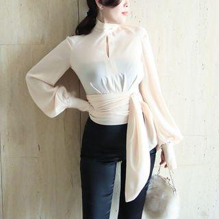 Tie Waist Open Back Chiffon Long-sleeve Top