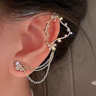 Flower Rhinestone Chained Earring 1 Pc - Silver Needle - Gold - One Size