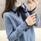 Lace Trim Tie-neck Collared Sweater