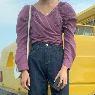 Shirred Tie-hem Cropped Blouse Purple - One Size
