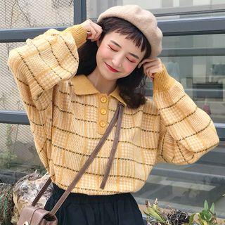 Plaid Collared Sweater Plaid - Yellow - One Size