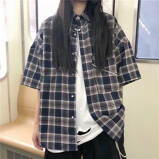 Elbow-sleeve Plaid Shirt Plaid - Blue - One Size
