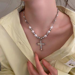 Cross Rhinestone Pendant Faux Pearl Alloy Choker G1455 - Silver - One Size