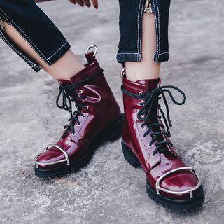 Chunky Heel Faux Patent Leather Lace Up Boots