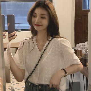 Elbow-sleeve V-neck Lace Trim Blouse Off-white - One Size