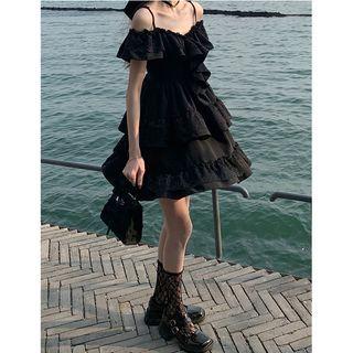 Off-shoulder Lace Panel Tiered A-line Dress Black - One Size