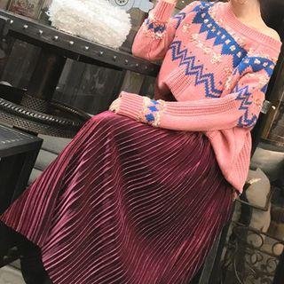 Set:color-block Crewneck Long-sleeve Knit Top + High-waist Pleated Skirt