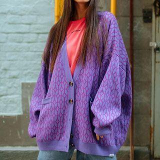 Mock Pocketed Argyle Loose-fit Knit Cardigan