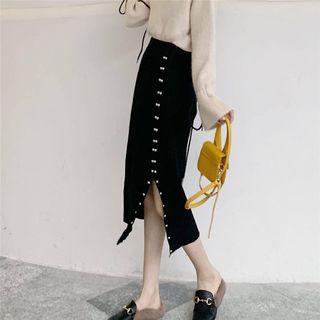 High-waist Studded Split Hem Knit Top Black - One Size