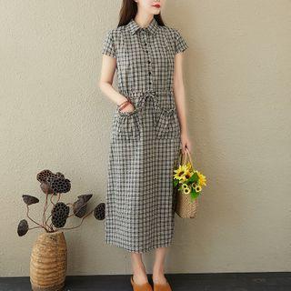 Plaid Short-sleeve Tie-waist Midi A-line Dress