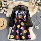 Sheer Lace Puff-sleeve Panel Print Dress