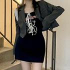Spaghetti Strap Bear Print Mini Dress / Cropped Blazer