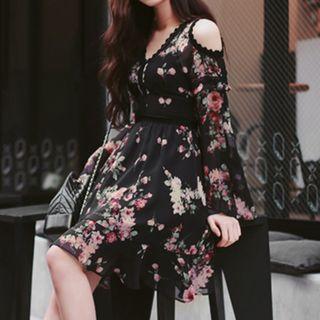 Floral Printed Bell-sleeve Cutout-shoulder A-line Dress