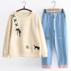 Lace-up Embroidered Cat Sweatshirt / Straight Fit Jeans / Set