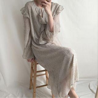 Long-sleeve Dotted A-line Midi Dress Off-white - One Size