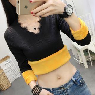Long-sleeve Fluffy-lined Lace Trim Knit Top