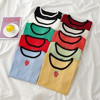 Strawberry Embroidered Contrast Trim Short-sleeve Knit Top