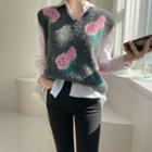 V-neck Flower Pattern Knit Vest Charcoal Gray - One Size
